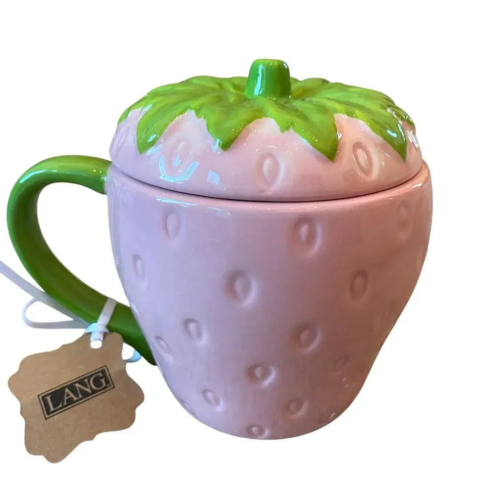 Lang Hand Painted PINK STRAWBERRY Ceramic Mug with Lid 18oz Spring New